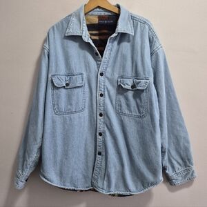 World Island Vintage Plaid Fleece Lined Denim Barn Chore Coat XL